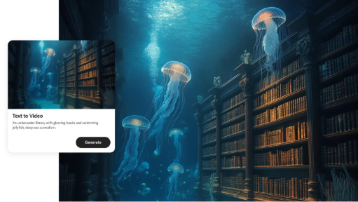 수중 도서관의 애니메이션 해파리 스틸 컷과 AI 애니메이션 생성기의 텍스트 프롬프트 오버레이