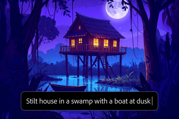 보름달 아래 늪지 위 고상가옥의 야경 카툰 장면과 ‘Stilt house in a swamp with a boat at dusk’라는 프롬프트 라벨