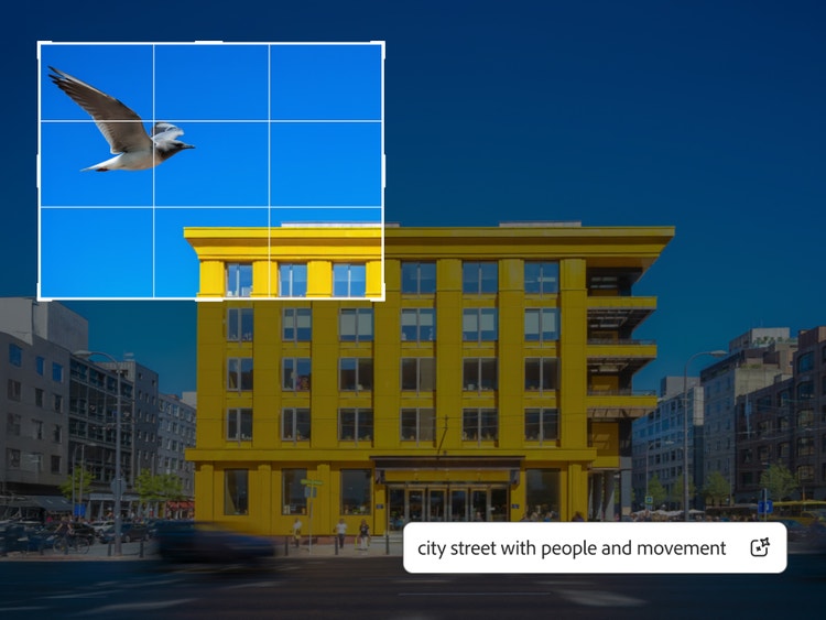 지붕 위를 날아가는 새의 사진이 ‘city street with people and movement’라는 프롬프트로 확장되어 건물 전체를 보여주는 모습