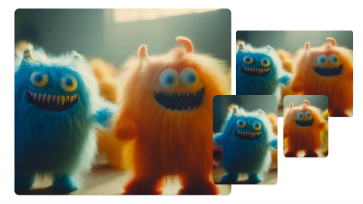 Still from AI animation generator of two 3D animated fluffy happy monsters