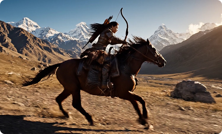 https://www.adobe.com/cc-shared/assets/products/firefly/features/ai-video-generator/media_1a052ef99935bbb589fd0818f22bdb46bc94bdb5b.mp4#_autoplay | 눈 덮인 봉우리를 배경으로 산에서 말을 타고 달리는 여성.