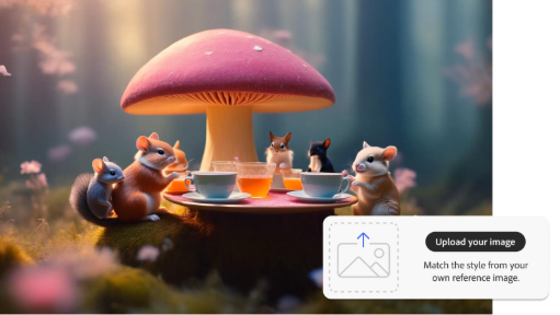 AI generated image of 6 squirrels at tea party and upload overlay in AI animation generator