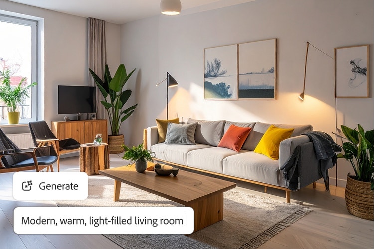 차분한 톤으로 꾸며진 방 이미지와 Firefly 프롬프트 바, 그리고 ‘Modern, warm, light-filled living room’이라는 프롬프트 오버레이
