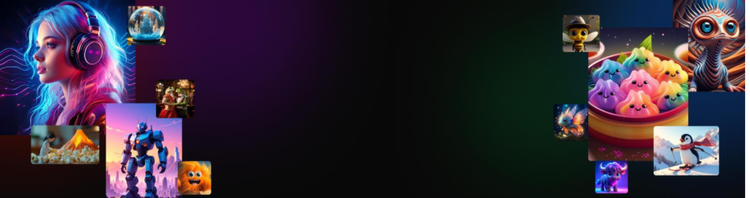 Banner with collage of images from AI animation generator showing colorful characters and artwork