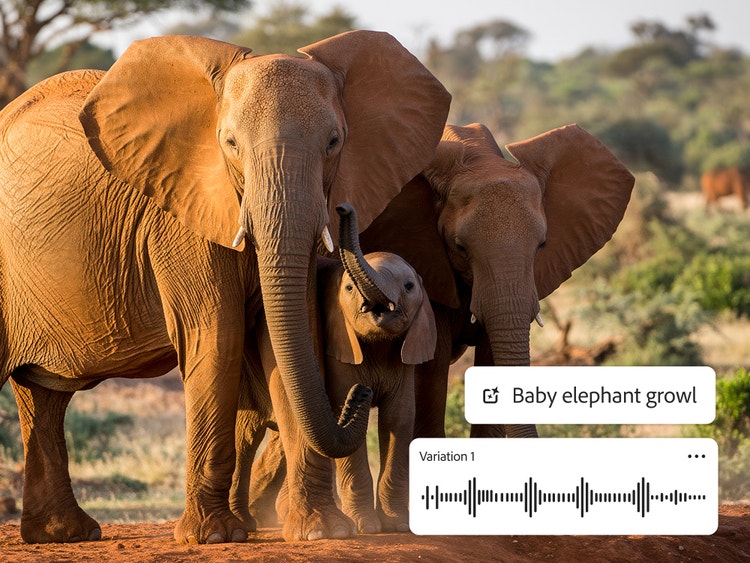 햇빛 아래 서 있는 성인 코끼리 두 마리와 새끼 코끼리 한 마리, 그리고 ‘Baby elephant growl’이라는 프롬프트와 오디오 파형 오버레이
