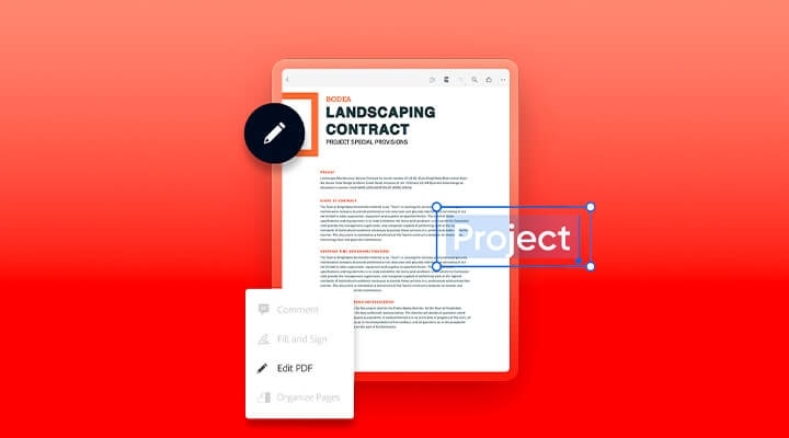 A graphic of editing a PDF landscape contract on a tablet device using Adobe Sign