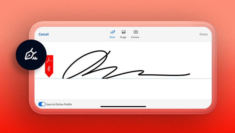 A handwritten signature on a phone against a red background.