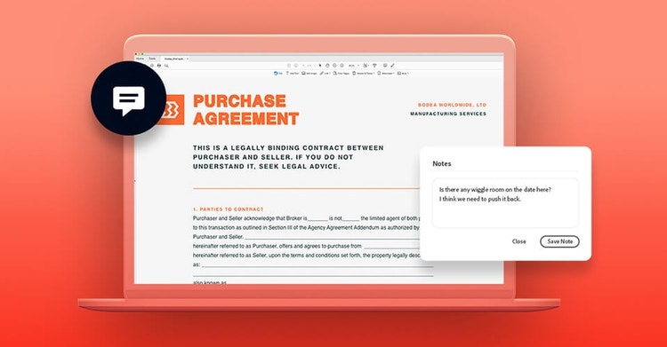 Notes added to a PDF purchase agreement using Adobe Acrobat Pro against a red gradient background.