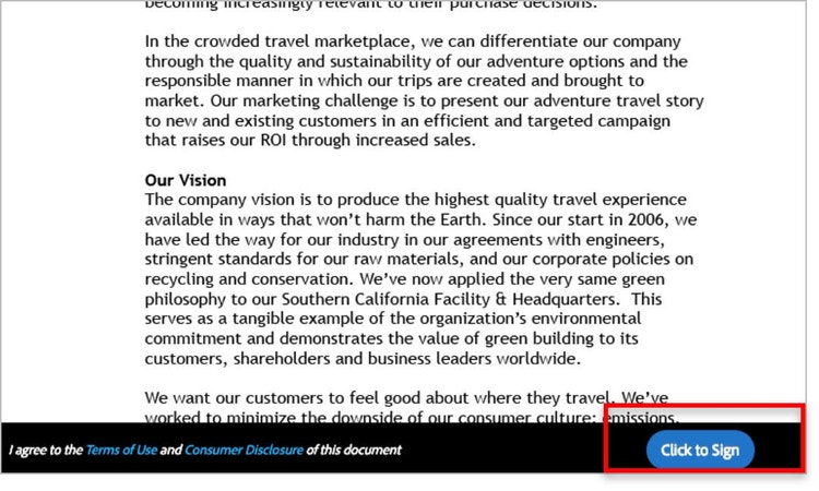 하단에 있는 ‘클릭하여 서명’을 선택하여 전자 서명을 완료합니다.