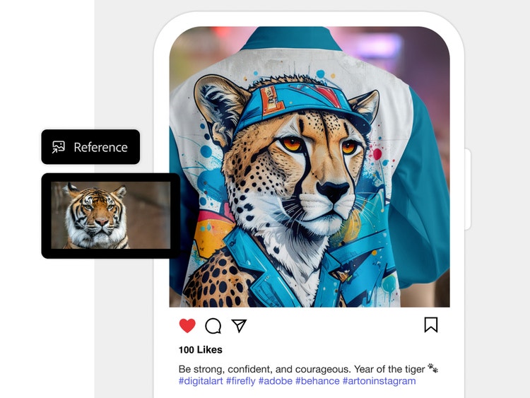 عمل جرافيتي فني تم إنشاؤه بالذكاء الاصطناعي لفهد مطبوع على قميص تيشيرت في منشور على Instagram، ويظهر الزر "إنشاء" وصورة مرجعية في أداة إنشاء الجرافيتي بالذكاء الاصطناعي