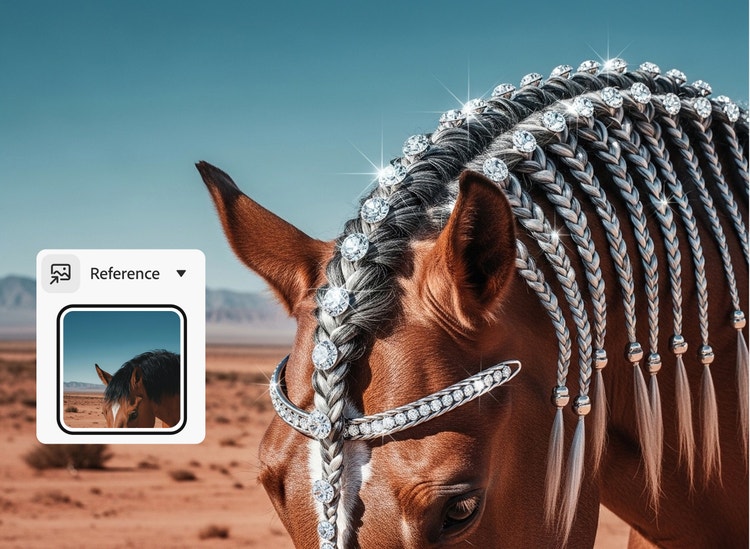 حصان بني بعُرف مضفّر بشكل معقد ومُزين بالماس، مع تراكب يُظهر صورة مرجعية للحصان نفسه بدون ضفائر أو جواهر.