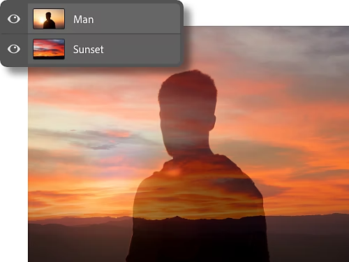 صورة بتعرض مزدوج لشخص وغروب الشمس.