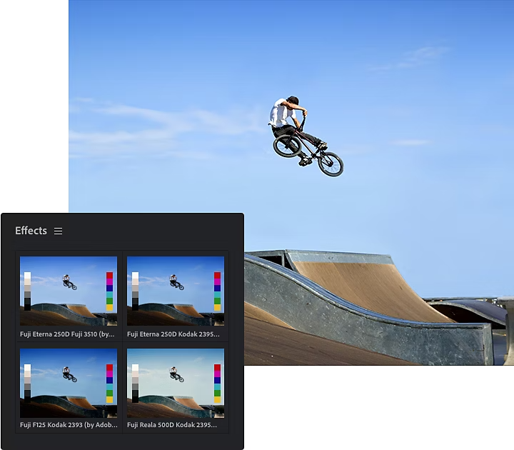 A photo of a BMX biker doing a trick in the air and the Adobe {{premiere}} Effects tool window superimposed over it