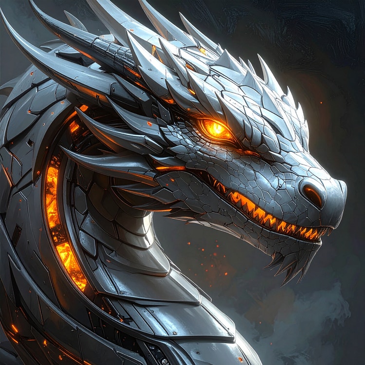 AI generated image of a highly detailed metallic dragon with glowing orange eyes and embers, rendered in a dark, cinematic fantasy style.