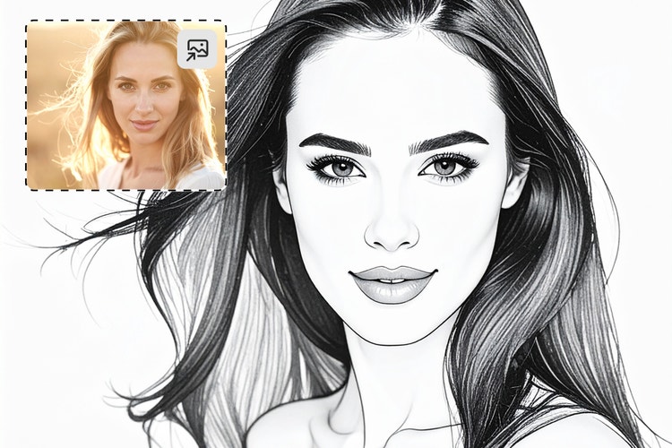 A black-and-white illustration of a woman with shoulder-length hair facing the camera. A photo in the top left corner with UI is shows a reference for the illustration.