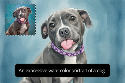 Watercolor-style portrait of a dog with a reference photo inset, with a prompt label reading, “An expressive watercolor portrait of a dog.”