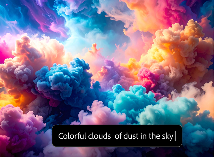 https://firefly.adobe.com/community | AI generated picture showing colourful clouds of dust in vibrant sky with text prompt in AI image generator