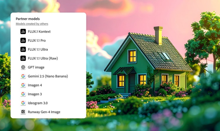 Cosy cottage with glowing windows at twilight next to partner AI models menu listing FLUX, GPT Image, Gemini, Imagen, Ideogram and Runway Gen-3.