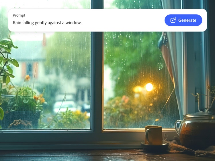 Raining falling on a window with a street view outside and the Firefly AI sound generator prompt showing how to generate matching rain sound effects.