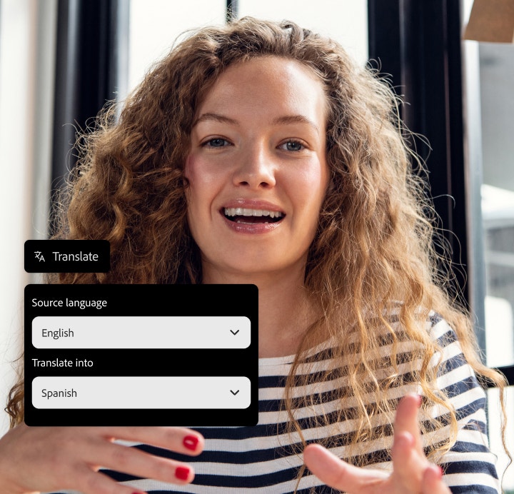 A woman speaks to the camera with an AI language translation tool overlay set to translate English into Spanish.