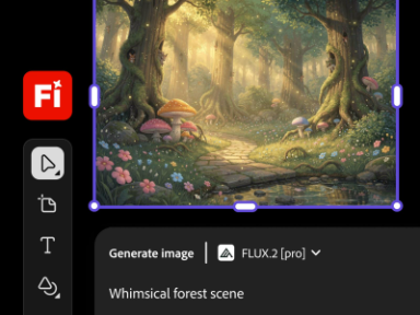UI for the Firefly Generate Image app, with FLUX.2 [pro] clearly visible as the model in use. The prompt reads "Whimsical forest scene" and the image shows a sunlit forest out of a fairytale.
