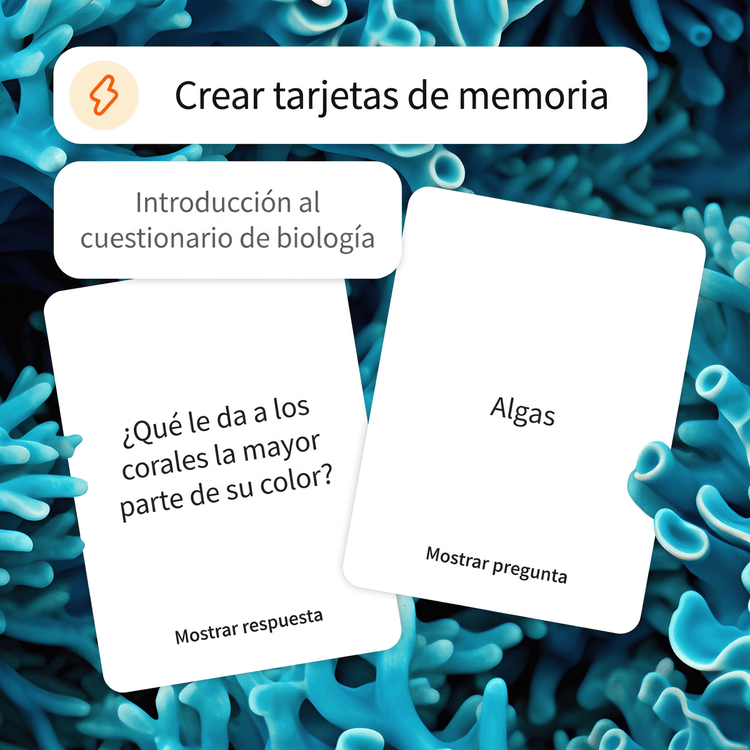 Se le indica a la herramienta que cree tarjetas de estudio para un cuestionario de introducción a la biología. Un fondo azul coral brillante representa el tema de la tarjeta.