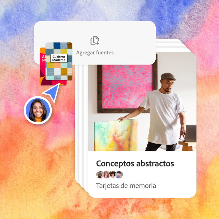 Una persona agrega dos recursos de un curso universitario de arte en el campo “Agregar fuentes”. Un conjunto de tarjetas de estudio muestra a una persona frente a una pintura abstracta, sosteniendo otra con la mano. El fondo tiene una textura colorida y abstracta.