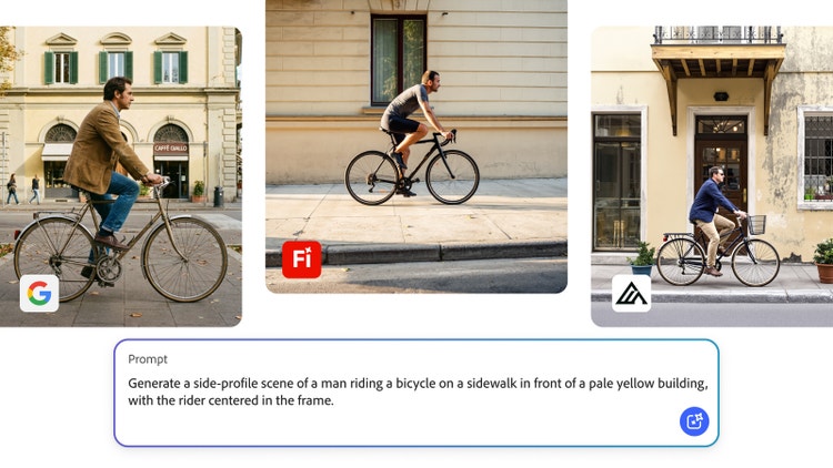 Comparación de imágenes generadas con IA que muestran a un hombre de perfil andando en bicicleta en una acera frente a un edificio amarillo pálido, con varias versiones para ilustrar la coherencia de la composición entre distintos modelos de generación de imágenes