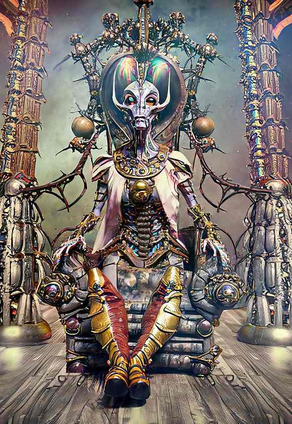 Steampunk alien dressed like a medieval queen sits on a throne [guidance = 25]