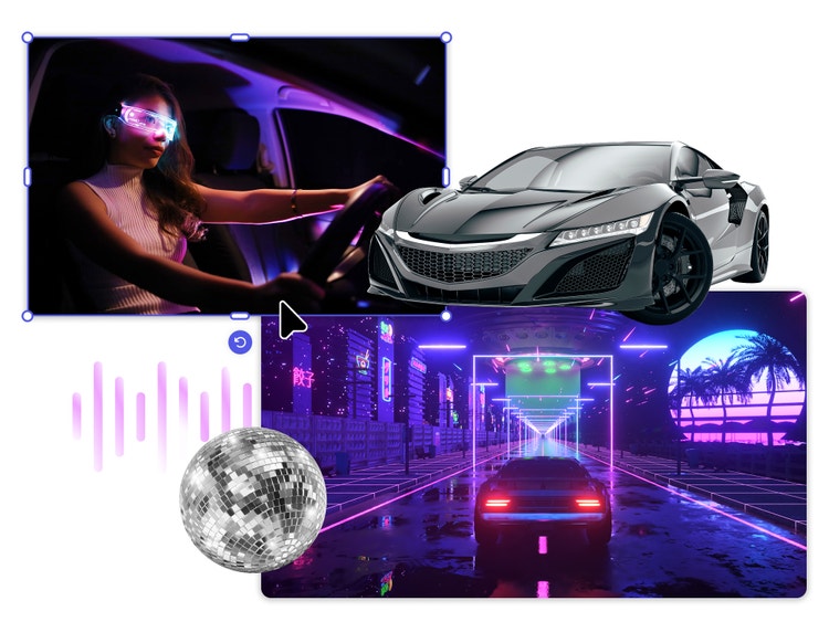 Collage de varias imágenes: en la parte superior izquierda, una mujer conduce un automóvil, lleva una visera futurista con circuitos iluminados visibles; a la izquierda, un carro deportivo gris; debajo la imagen de un carro visto desde atrás, circulando en medio de una carretera; el ambiente evoca el diseño de onda retro inspirado en los años 80, con colores azules y púrpuras profundos, acentuados con un rosa brillante