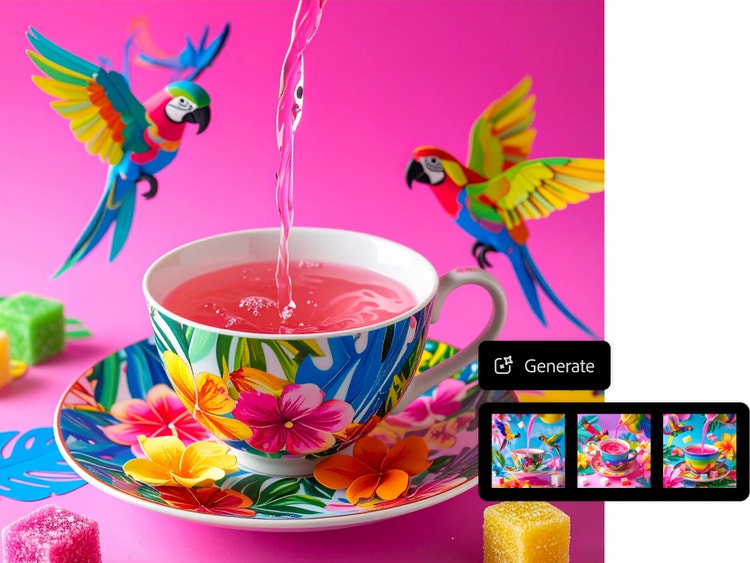 Ilustración de diseño gráfico de una taza de té con patrón floral colorido, dentro de la que cae un chorro de líquido rosa, colocada sobre un fondo rosa intenso y con dos loros volando encima