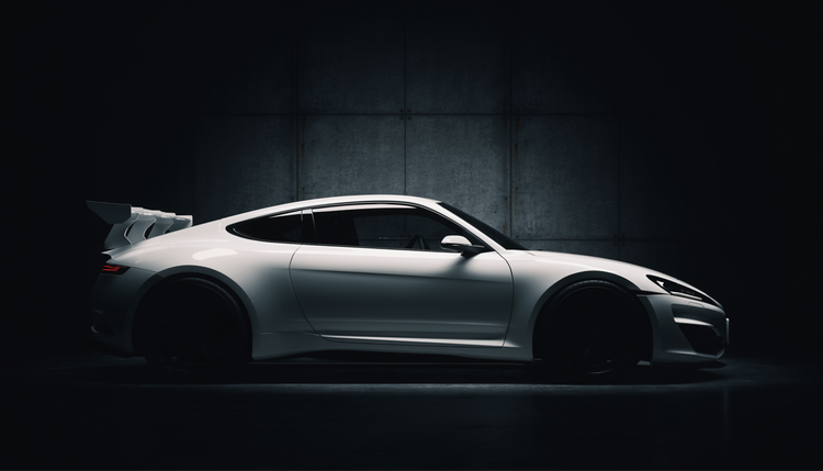 Foto generada con IA de un auto deportivo elegante blanco de perfil, fotografiado en un ambiente industrial iluminado con luces tenues