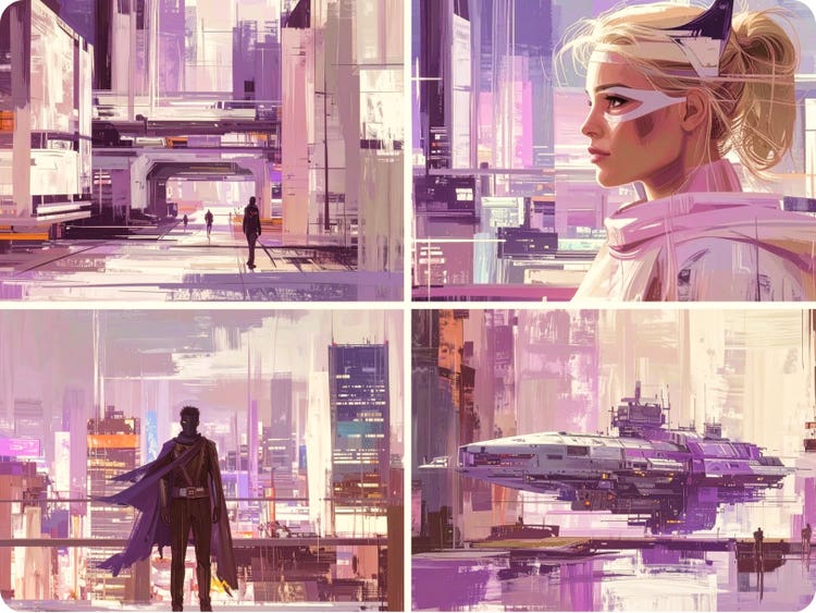 Cuatro viñetas visualmente uniformes de una novela gráfica en estilo cómic creada con el generador de cómics con IA