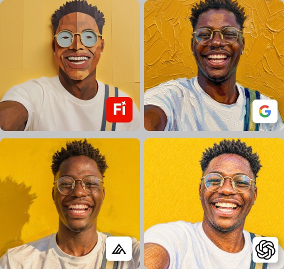 Cuatro variaciones estilizadas del mismo hombre sonriente tomándose una selfie contra un fondo amarillo, que exhiben distintos estilos de retratos generados por IA