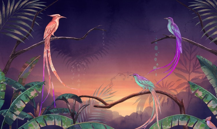 Guacamayos exóticos en una exuberante y colorida selva tropical al atardecer