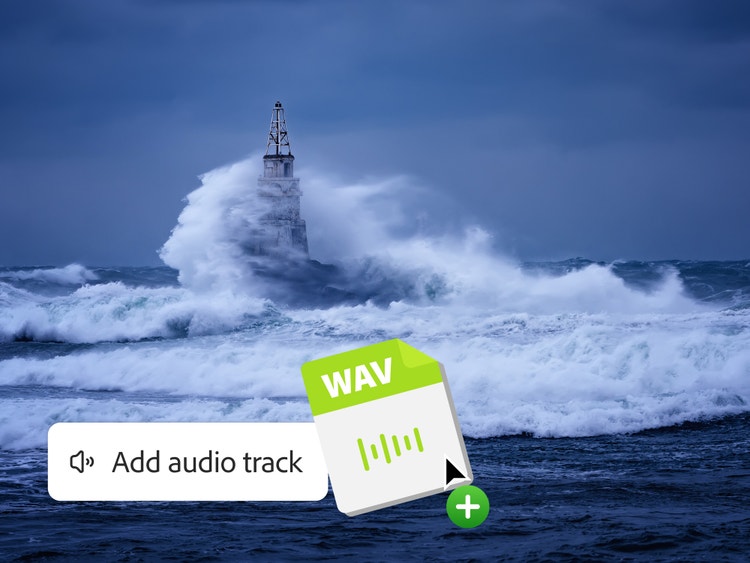 Olas rompiendo contra un faro con un cielo gris nublado, con la superposición del botón de carga Añadir pista de audio del generador de sonidos con IA que muestra cómo agregar archivos de sonido de referencia en Firefly.