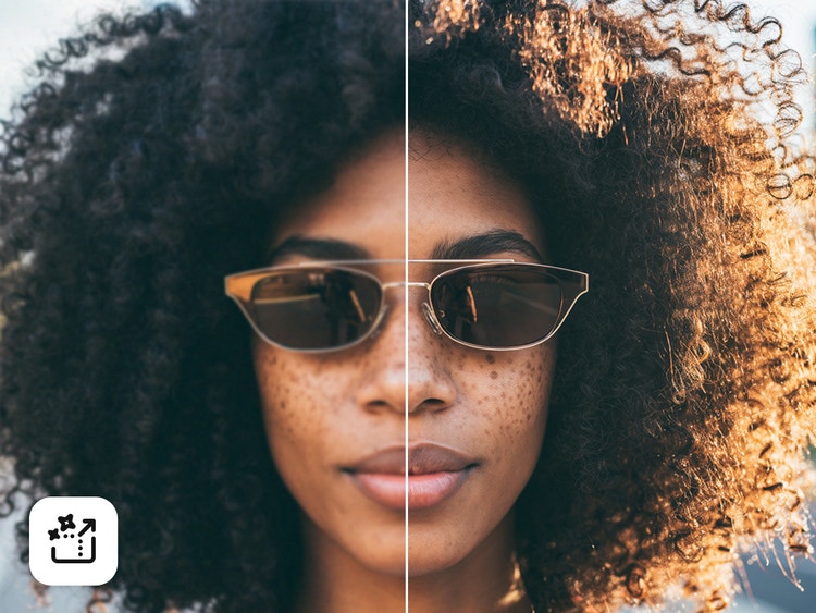 Fotograma de video dividido de una persona con cabello rizado castaño oscuro: después de aumentar la escala con Topaz Astra, las pecas y los rizos de cabello se definen con mayor claridad