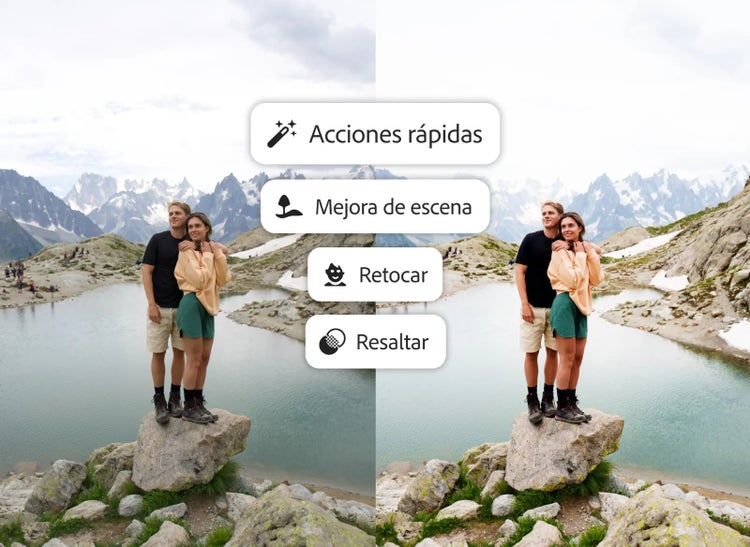 Una pareja posando para una foto junto a un lago alpino