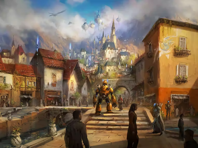 Viduramžių kaimo su pilimi tolumoje iliustracija