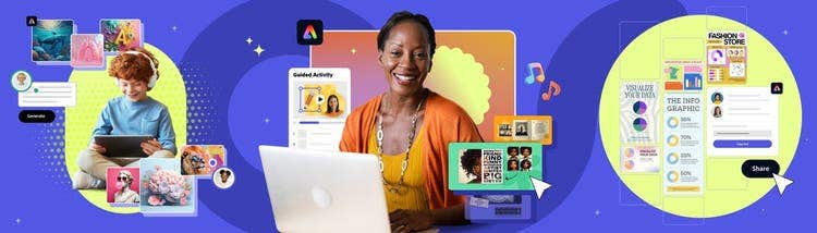 „Adobe Express“ švietimui (reklamjuostė).