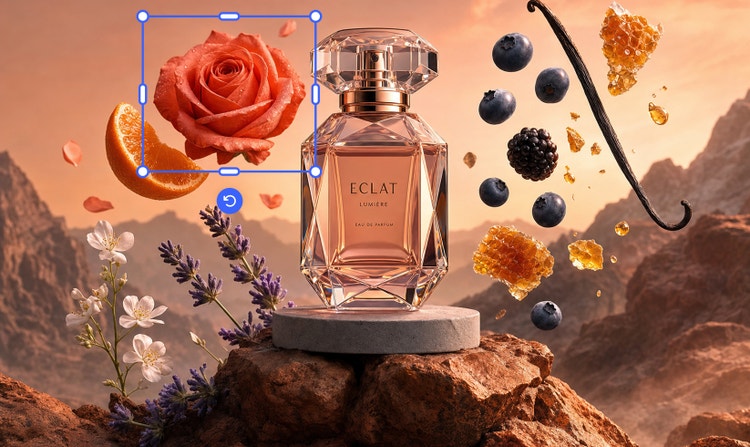 „Firefly“ sąsaja su išbaigta produkto scena: kvepalų buteliukas, apsuptas gėlių, vaisių, vanilės ir korių. Pasirinkta rožė su redagavimo rankenėlėmis rodo, kaip atskirus elementus galima perkelti ir patikslinti kuriant profesionalios kokybės vaizdus.