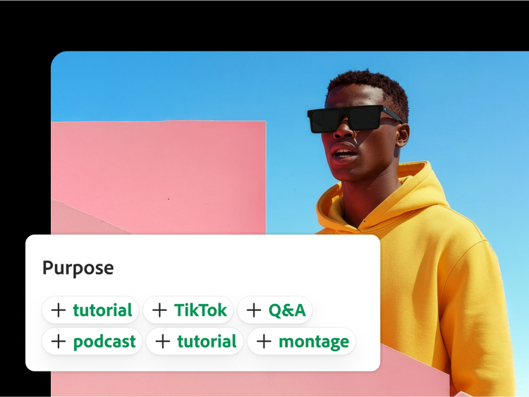 Asmuo su akinais nuo saulės ir geltonu džemperiu su gobtuvu, ant kurio pavaizduoti garso takelio kūrimo tikslai, tokie kaip mokymo priemonės, „TikTok“, klausimai ir atsakymai, tinklalaidė ir montažas, rožiniame geometriniame fone ir mėlyname danguje.