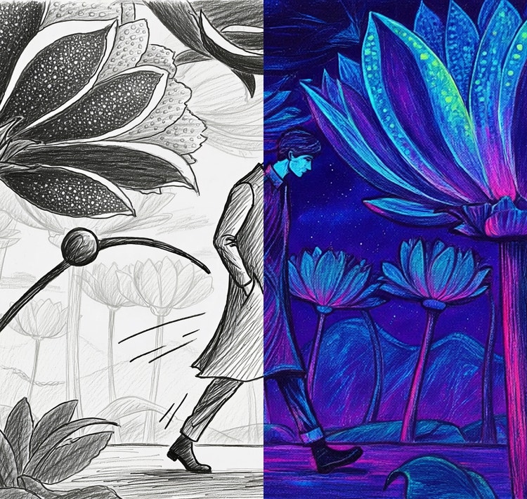 Palyginimas – botaninis eskizas, iš juodo balto linijinio stiliaus piešinio pakeistas į švytinčias, ryškias, melsvai violetines gėles.