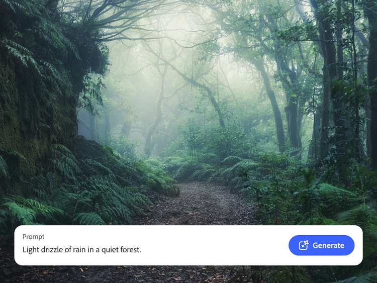 Tylus ūkanotas miškas ir tekstinė užklausa „Firefly“ DI garsų generatoriui sugeneruoti lietaus garso efektus.