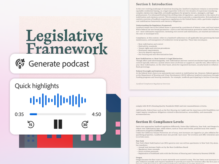 https://main--da-dc--adobecom.aem.page/dc-shared/fragments/modals/videos/acrobat/generative-ai-pdf/get-audio-overviews-on-the-go#audio-overview | Dokument mit dem Titel „Gesetzliches Framework“ mit einem Podcast-Audio-Player, der Wellenform, Dauer und Wiedergabesteuerung anzeigt. | :play: