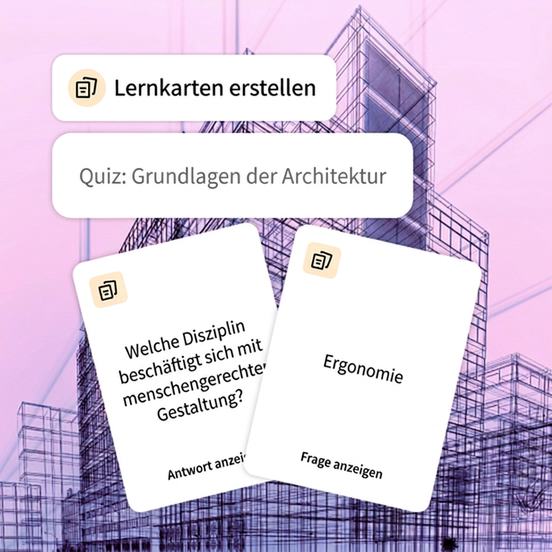 Architektenzeichnung im Hintergrund. Prompt zur Erstellung von Lernkarten für die Grundlagen der Architektur im Vordergrund. Zwei Lernkarten mit einer Frage und einer Antwort.