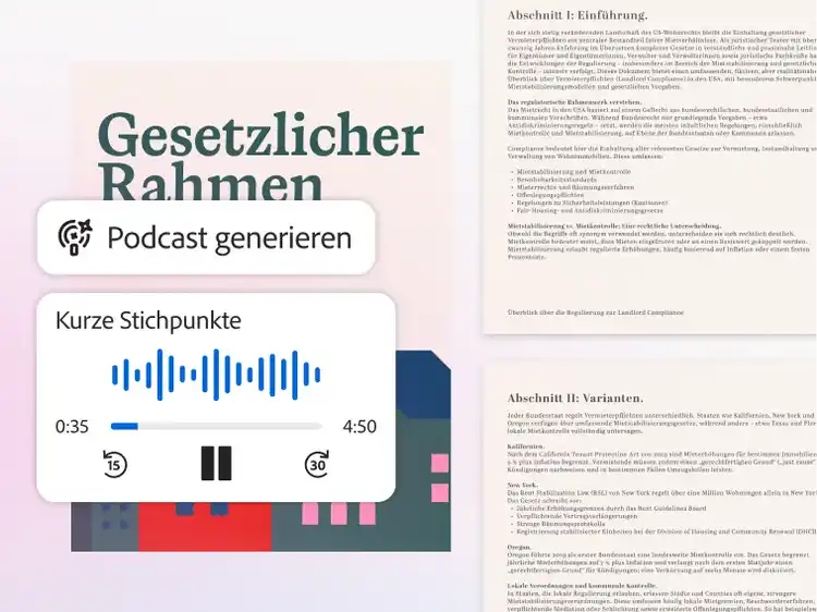 https://main--da-dc--adobecom.aem.page/dc-shared/fragments/modals/videos/acrobat/generative-ai-pdf/get-audio-overviews-on-the-go#audio-overview | Dokument mit dem Titel „Gesetzliches Framework“ mit einem Podcast-Audio-Player, der Wellenform, Dauer und Wiedergabesteuerung anzeigt. | :play: