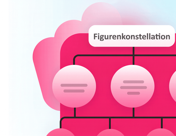Rosa Illustration einer Figurenkonstellation.