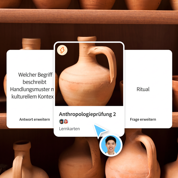 Ein antiker Tontopf ziert das Cover eines Lernkarten-Sets für eine Anthropologieprüfung. Links davon ist eine Lernkartenfrage zu sehen, rechts die dazugehörige Antwort.