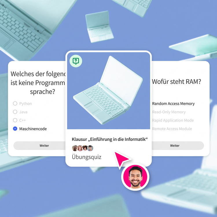 Eine Laptop-Illustration auf blauem Hintergrund ziert das Cover eines Übungsquizzes. Links und rechts davon sind Fragekarten zum Thema zu sehen.